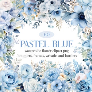 Pastel blue watercolor floral clipart bundle with roses and flower wreath border
