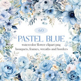 Blue Flower PNG, Watercolor Blue Floral Clipart Bundle, Wedding Bouquet Wreath, Flower Sublimation, Pastel Blue Rose PNG, Winter Flower