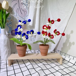 Handmade crochet butterfly orchid potted ornament with blue and white flowers