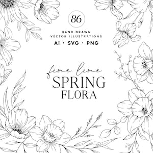 Fine-line spring floral line art set with black botanical drawings and border