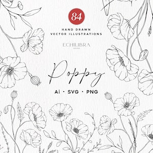 Poppy flower line art bundle, hand-drawn botanical clip art