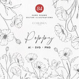 Poppy Line Art Clip art, Botanical Line Art PNG, Poppy Flower Bundle, Hand Drawn Vector Illustrations, Commercial Use