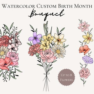 Watercolor bouquet tattoo design with layered pink, yellow, and purple flowers and stems