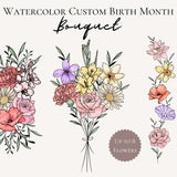 Family Flower Bouquet Custom Color Birth Flower Bouquet Tattoo Design Color Birth Month Flower Tattoo Bouquet Custom Made Gift For Her