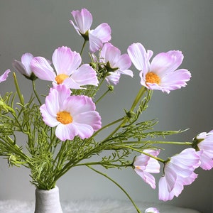 Pink and white artificial cosmos wildflower stem with green leaves, single bouquet