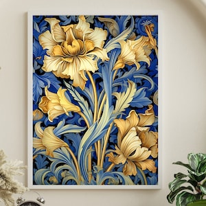Framed art nouveau flower print with yellow blooms on blue, decorative botanical design