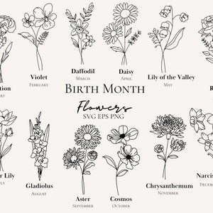 Birth month flower bouquet SVG, monochrome line-art flowers with month labels