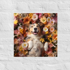 Square dog photography print featuring a smiling dog surrounded by colorful flowers