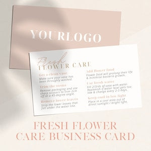 Floral flower care business card template with editable instructions and logo placeholder
