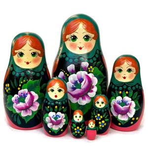 Green Headscarf Matryoshka Nesting Dolls for Kids - Babushka with Flowers - Handmade Wooden Toy - Home Decor - Hand Painted Traditional Doll