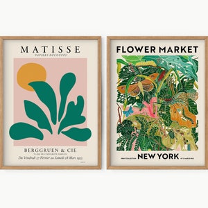 Set of 2 framed Matisse botanical prints with green leaves and flower market design