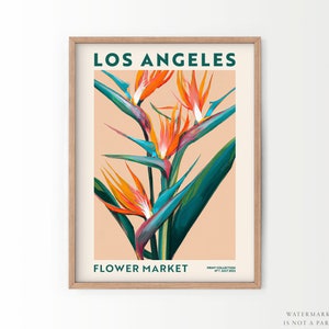 Framed Los Angeles poster with bird of paradise flowers and Flower Market text