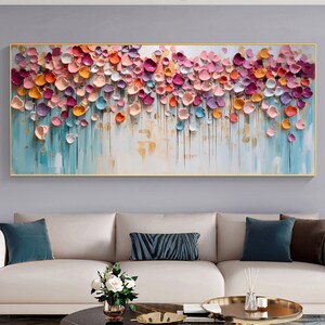 Large framed abstract floral wall art with colorful 3D blossoms and drips, rectangular