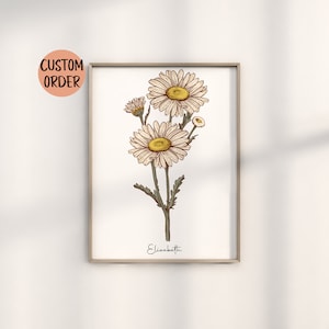 Single birth flower print, framed wall art featuring daisy-like blooms on a branch