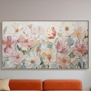 Framed abstract flower canvas wall art with soft pastel 3D textured blooms