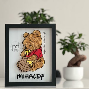 Personalized Winnie the Pooh paper flower shadow box in black frame, name MICHAEL inside