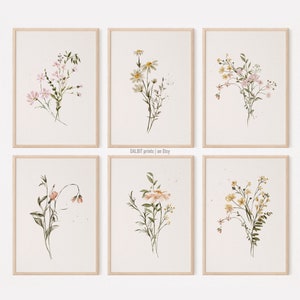 Set of 6 watercolor-style wildflower botanical wall prints with various flowers on white