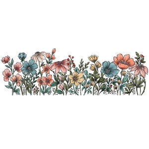 Watercolor wildflower botanical illustration with mixed pastel blooms and green leaves