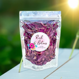 Dried lotus petal pouch with pink and purple petals and front label