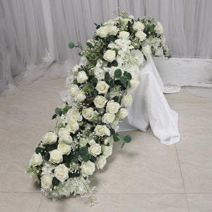 White rose and greenery flower garland runner with peony and hydrangea blooms