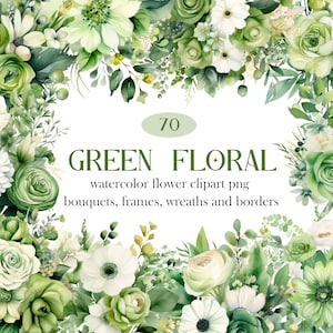 Green floral wreath clipart with watercolor flowers and leaves, digital bundle graphic