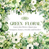 Green Floral PNG Clipart, Watercolor Flower PNG, Floral Bouquet Wreath Clipart, Digital Download