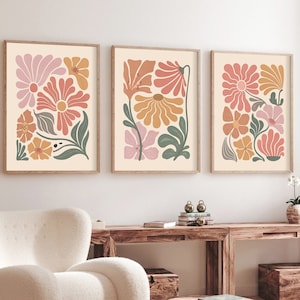 Set of 3 abstract floral wall prints in terracotta, framed and ready to hang