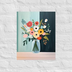 Floral painting print of colorful flowers in a green vase on dark blue background