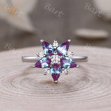 Sterling Silver Color Change Alexandrite  Floral Cluster Ring, Pear Cut Alexandrite Flower Engagement Ring,Custom June Birthstone Jewelry