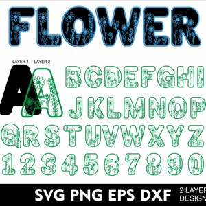 Layered wildflower alphabet letters and numbers, green flower cutout SVG font