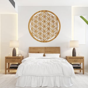 Oak wooden Flower of Life mandala wall art, circular laser-cut wood decor