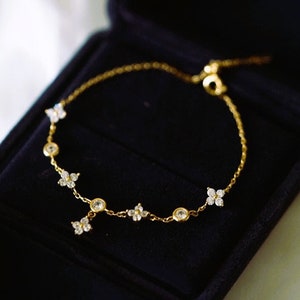 925 Sterling Silver 14K Gold Plated Dainty Superstar Minimalist Trendy Luxury Elegant Flower Ornament Zircon Bracelet for Women and Girls