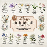 Watercolor Birth Month Flowers Clipart, Vintage Floral PNG Bundle, Print Creator Kit,Watercolor Flower Graphic, Botanical Digital Graphics