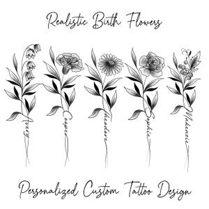 Minimalist black line-art birth flower tattoo design set with multiple stems and blossoms