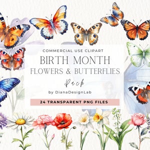 Watercolor birth month flowers and butterflies clipart set, 24 transparent PNG files
