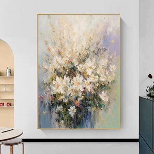 Large abstract floral canvas painting with white blossoms and soft blue-gray background