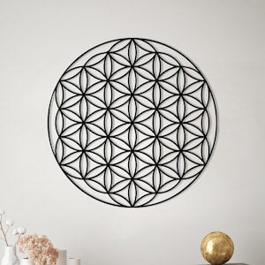 Circular Flower of Life metal wall art with black geometric pattern, wall decor
