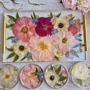Rectangular resin tray with pressed flowers and gold-tone side handles