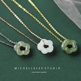 Natural Green Jade Flower Pendant Necklace, Sterling Silver Choker with Natural Jade Ball, Gift for her, Adjustable Chain