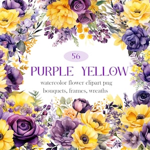 Watercolor floral clipart wreath in purple and yellow flowers, with bouquet frame design