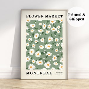 Framed wall art print with green daisy pattern and Flower Market Montreal title