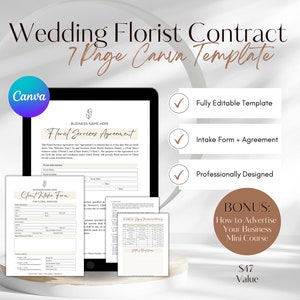 Wedding florist contract template, 7-page fully editable document bundle with bonus page