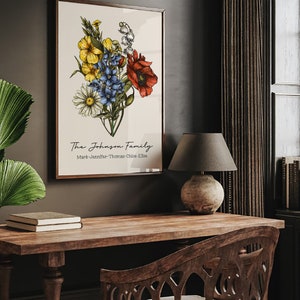 Framed birth-flower botanical art print with colorful bouquet illustration