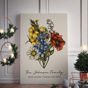 Framed birth month family floral print with hand-drawn bouquet and family name text