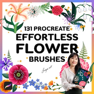 Procreate flower brush set cover with colorful petals and leaves, 131 Effortless brushes text