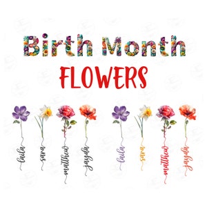 Birth month flowers watercolor clipart set: colorful floral stems with month names