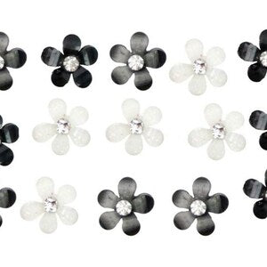 Small glue-on floral embellishments, black and white 5-petal flowers with rhinestone centers