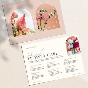 Flower care card template with pink floral header and printed care instructions