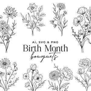 Floral line art bouquet SVG bundle with assorted line-drawn flowers, black outlines