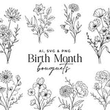 Birth Month Flower Bouquet, Floral SVG Bundle, Floral Line Art, Hand Drawn Vector Flowers, Clipart, Birthday Flower SVG, Commercial Use